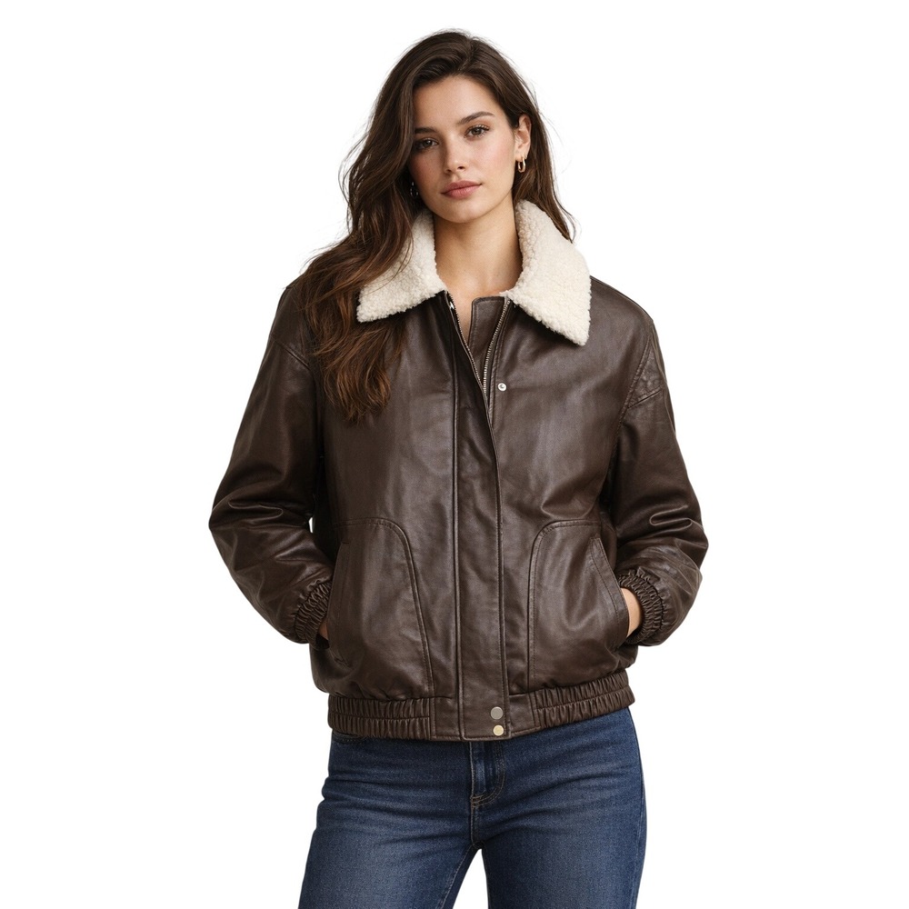 NWOT Le‎ Lis Brown Faux Leather Bomber Jacket Sherpa Collar Medium